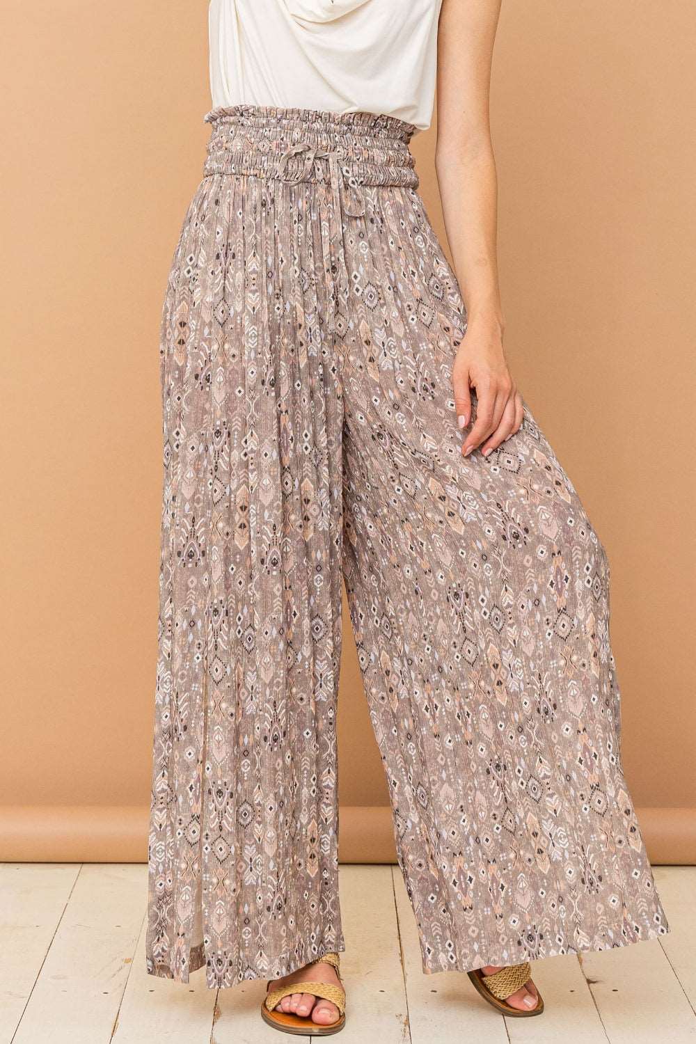 And The Why Printed Smocked Waist Slit Wide Leg Pants Pants Trendsi   