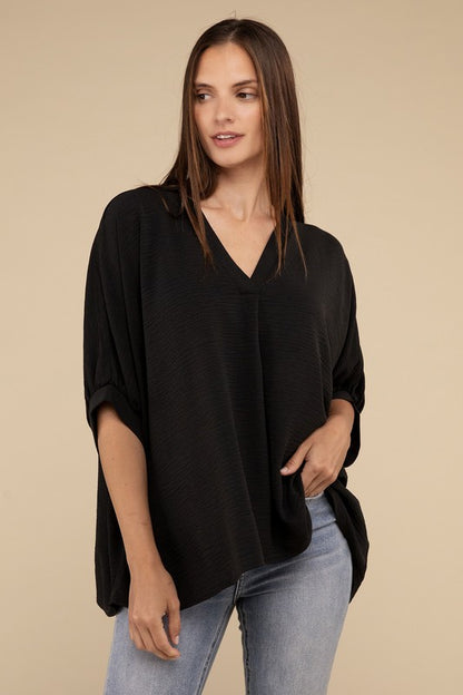 Woven Airflow V-Neck Puff Half Sleeve Top Top ZENANA   