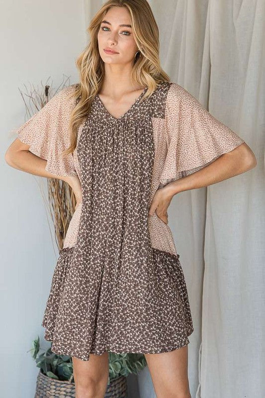 Jade By Jane Boho Chic Relaxed Fit Color Block Floral Print V-Neck Ruffle Dress Plus Size - NeoKira Unlimited