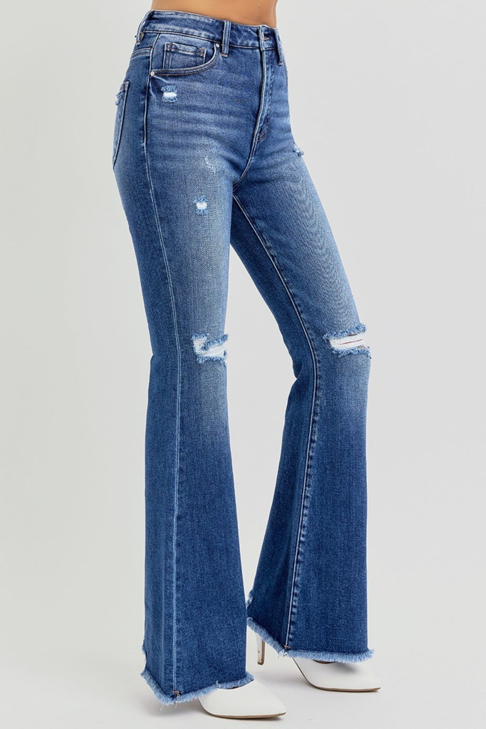 RISEN Full Size High Rise Distressed Raw Hem Flare Jeans - NeoKira Unlimited