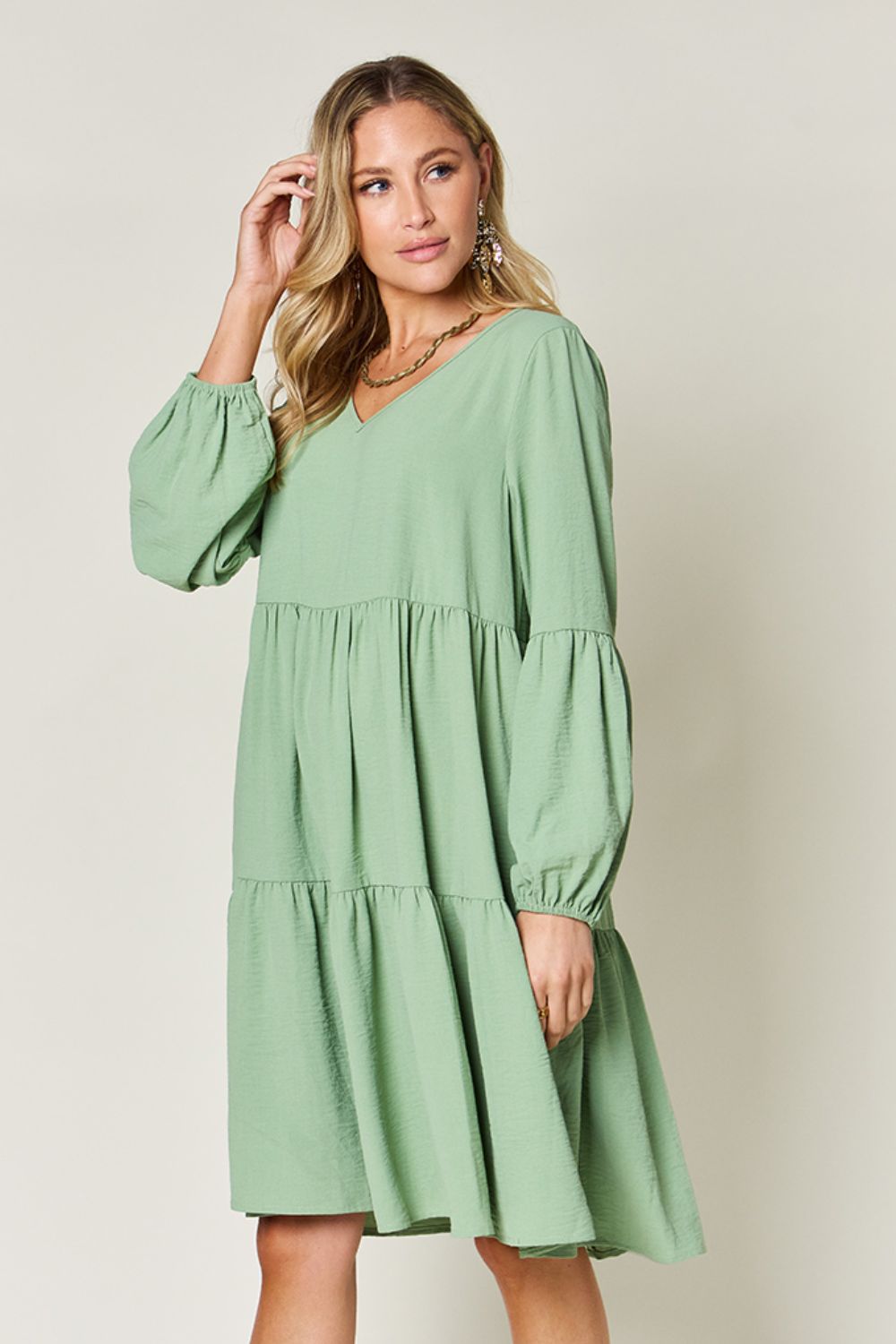 Double Take Full Size V-Neck Balloon Sleeve Tiered Dress - NeoKira Unlimited