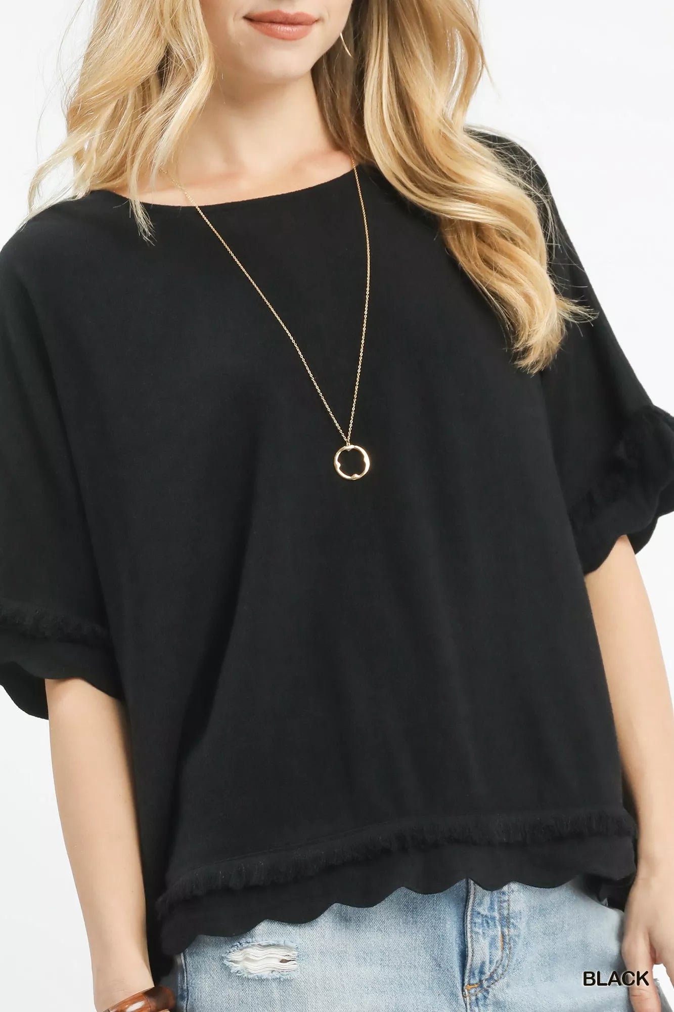 Umgee Linen Frayed Hem Scallop Edge Top Casual Chic - NeoKira Unlimited