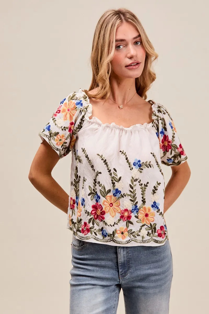 SO ME Floral Embroidered Off Shoulder Blouse With Ruffle Detail – Boho Chic - NeoKira Unlimited