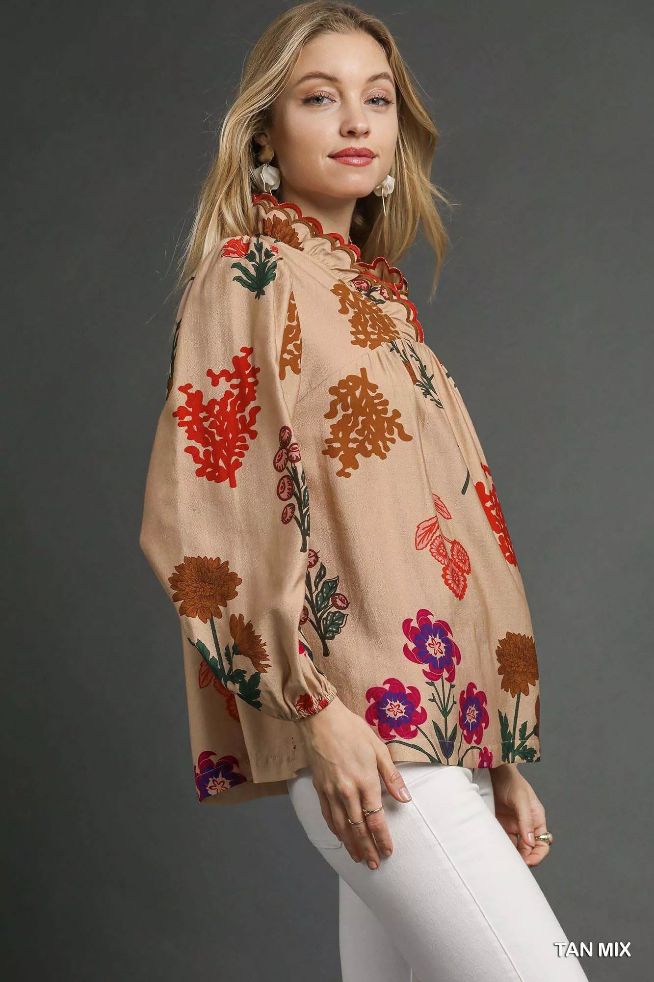 Umgee Flower Print Blouse with Scalloped Neckline Boho Chic - NeoKira Unlimited