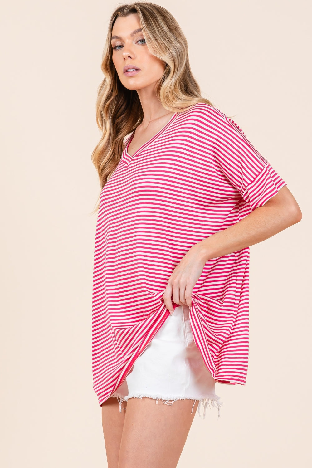 BOMBOM Striped V-Neck T-Shirt T-Shirt Trendsi   