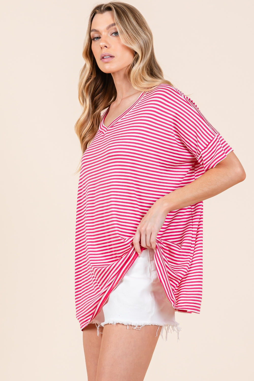 BOMBOM Striped V-Neck T-Shirt - NeoKira Unlimited