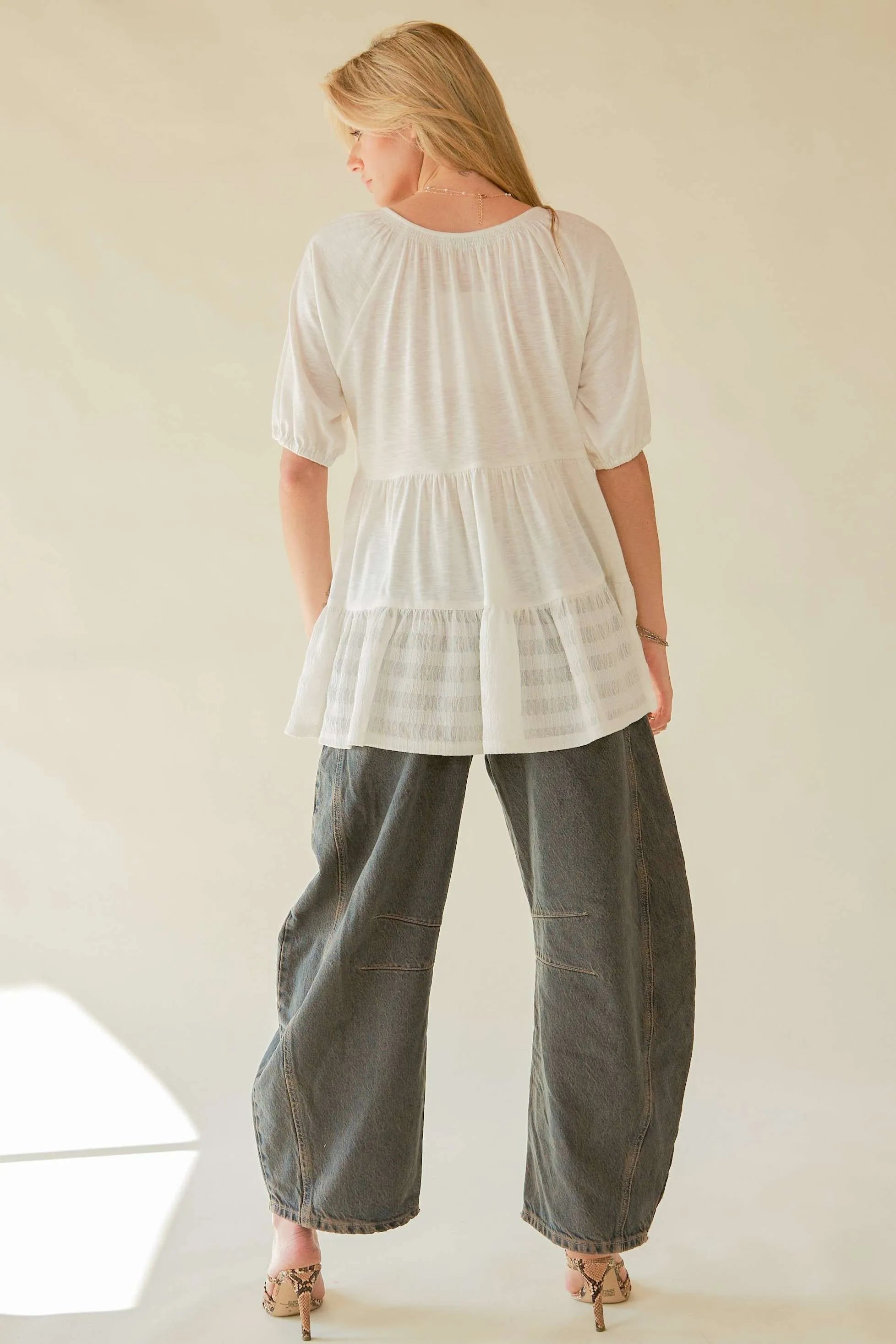 Davi & Dani Ruffled Flared Short Sleeve V Neck Blouse - NeoKira Unlimited