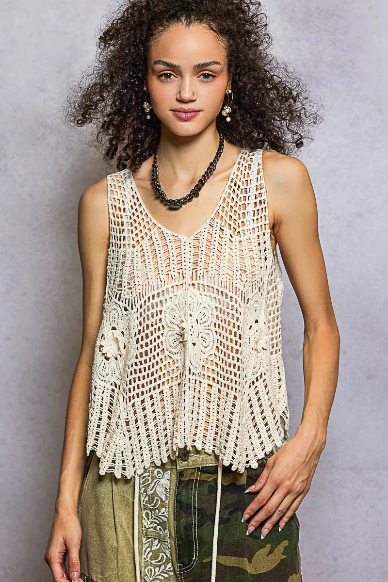 POL Openwork V-Neck Crochet Tank - NeoKira Unlimited