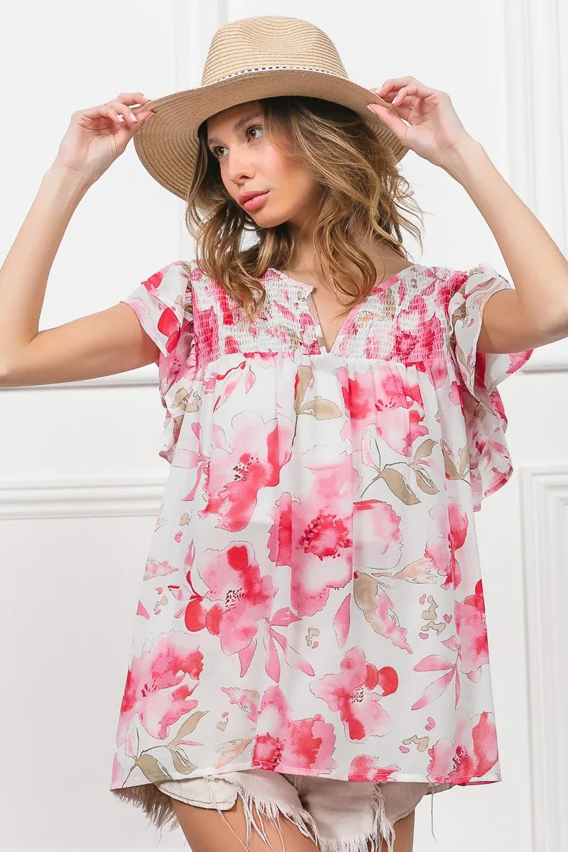 BiBi Floral Print Flutter Sheer Top Lightweight Boho Chic Blouse - NeoKira Unlimited