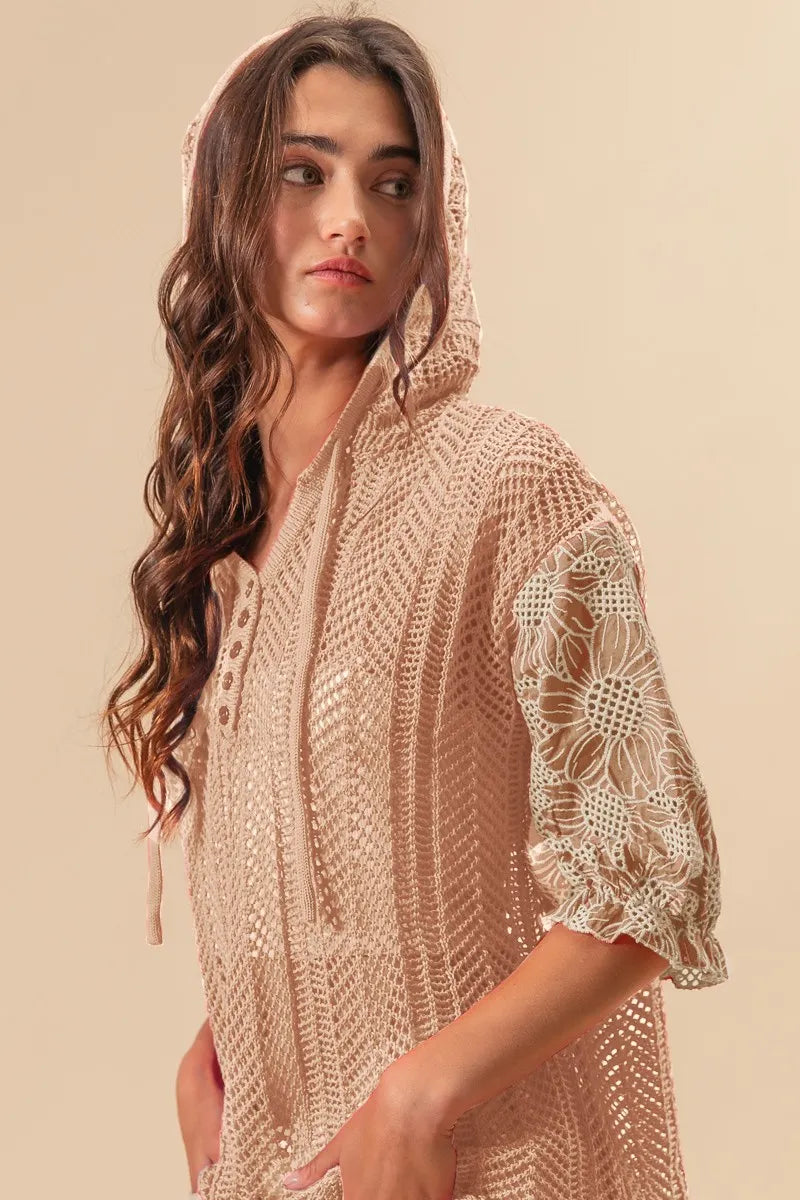 BiBi Puff Sleeve Hooded Knit Top With Jacquard Floral Lace – Light Taupe - NeoKira Unlimited