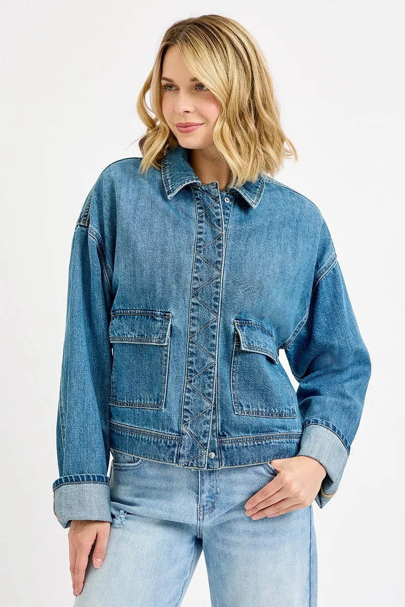 RISEN Vintage Inspired Oversized Denim Cargo Jacket With Pockets Cuffs - NeoKira Unlimited