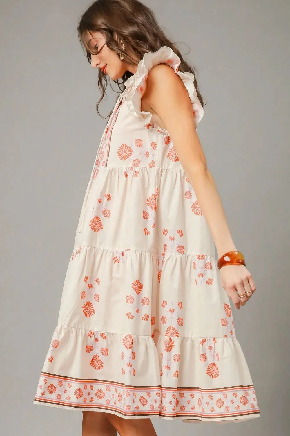 Umgee Boho Coral Garden Floral Tie Neck Midi Dress Tiered A-Line Fit - NeoKira Unlimited