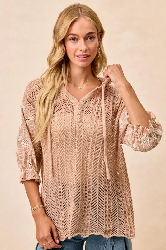BiBi Puff Sleeve Hooded Knit Top With Jacquard Floral Lace – Light Taupe - NeoKira Unlimited