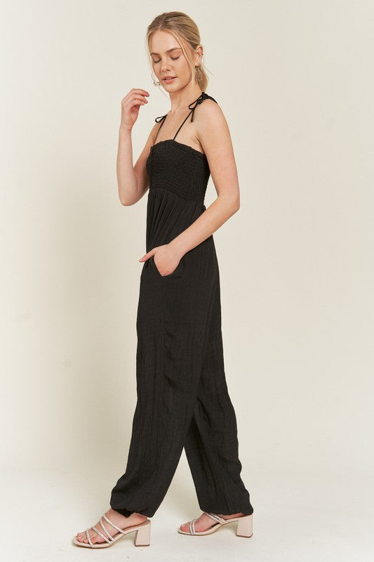 Jade By Jane Smocked Tie Strap Jumpsuit Jumpsuits Jade By Jane   