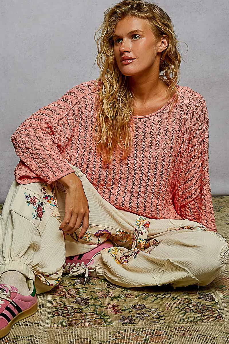 POL Cable Knit Openwork Cropped Sweater Boho Chic Top - NeoKira Unlimited