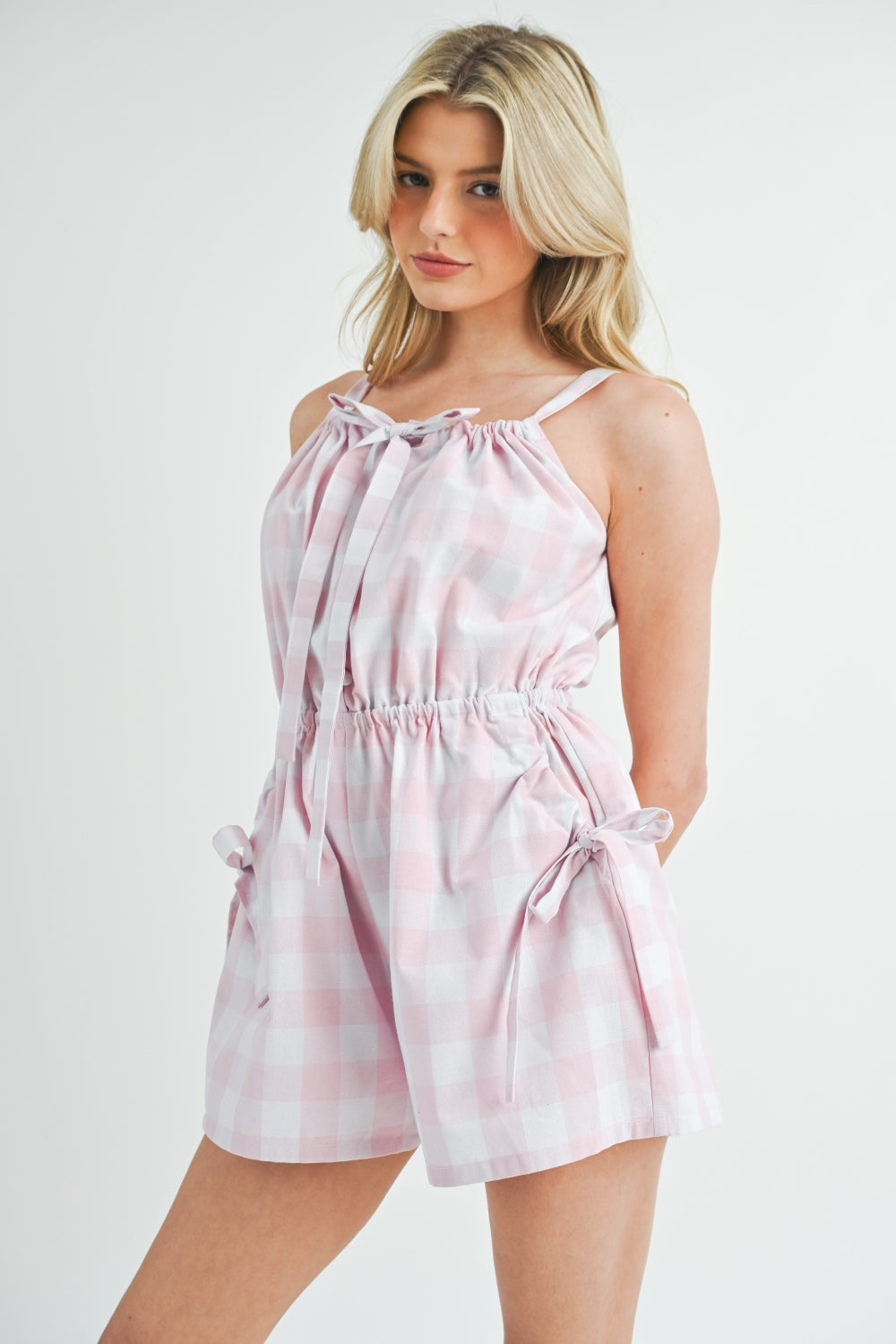 MABLE Plaid Sleeveless Button Down Romper Romper Trendsi   