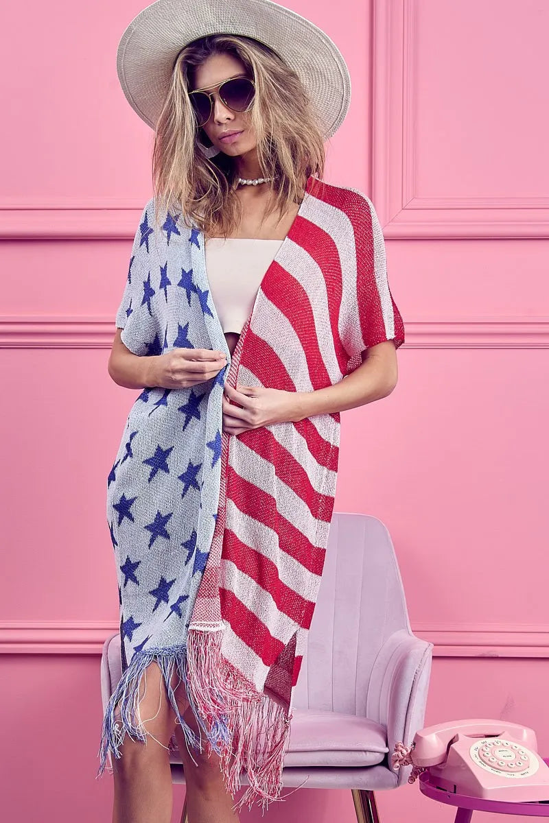 BiBi American Flag Theme Fringed Knit Cardigan - NeoKira Unlimited
