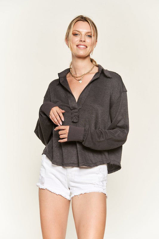 Jade By Jane Deep V-Neck Knit Collared Top | Relaxed Casual Luxe Look - NeoKira Unlimited