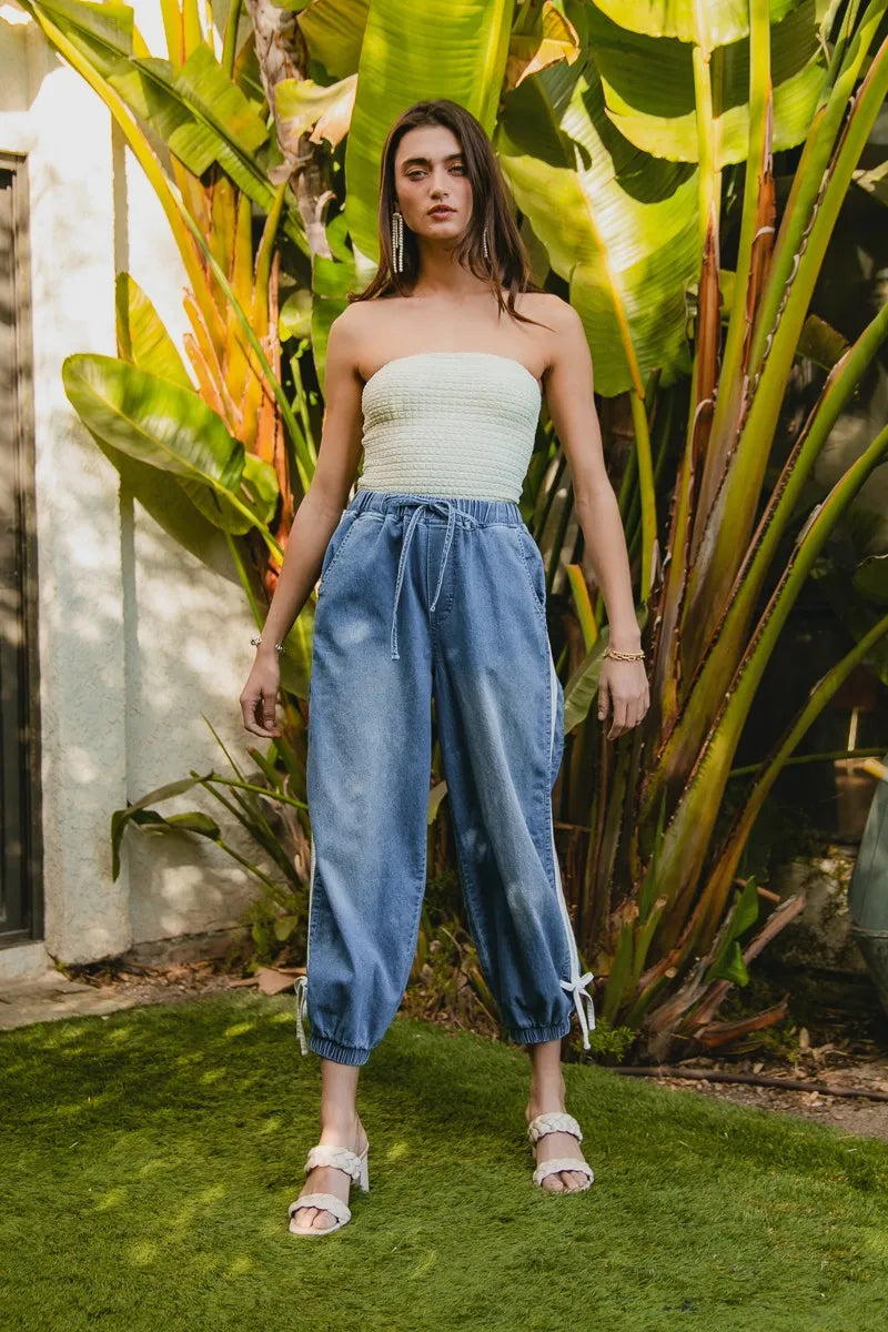 BiBi Striped Tape Details With Bot Tied Point Elastic Waist Jeans - NeoKira Unlimited