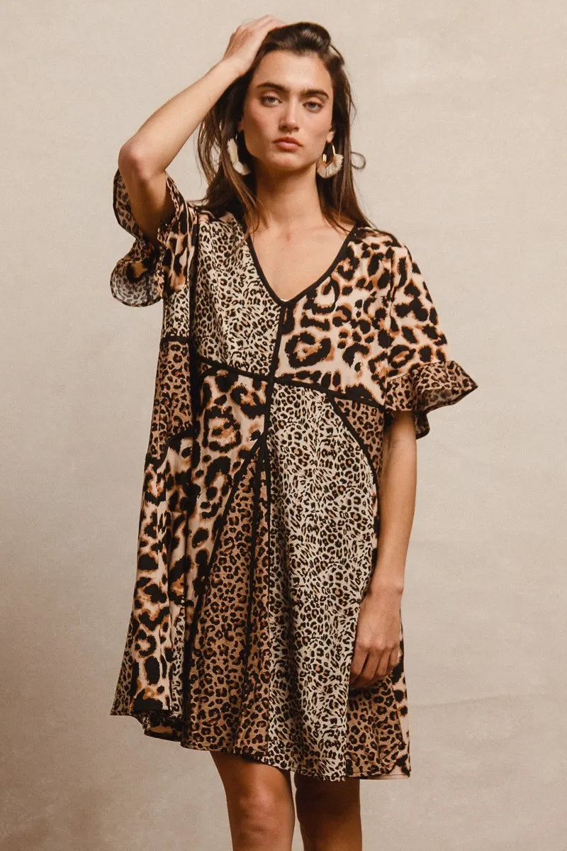 BiBi Leopard Print Mini Dress – V-Neck Flutter Sleeve Belted Fit - NeoKira Unlimited