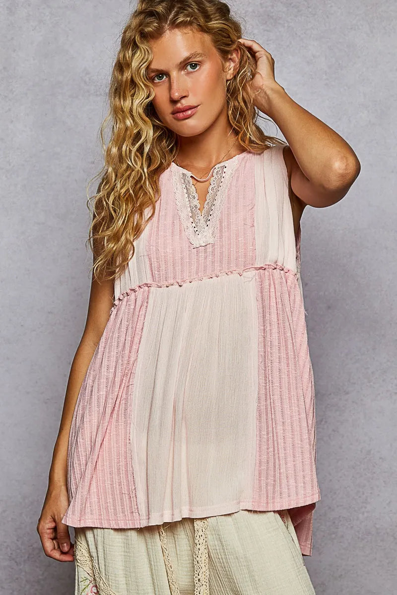 POL Pleated Pink Cream Colorblock Tank – Lace Trim Adjustable Boho Top - NeoKira Unlimited