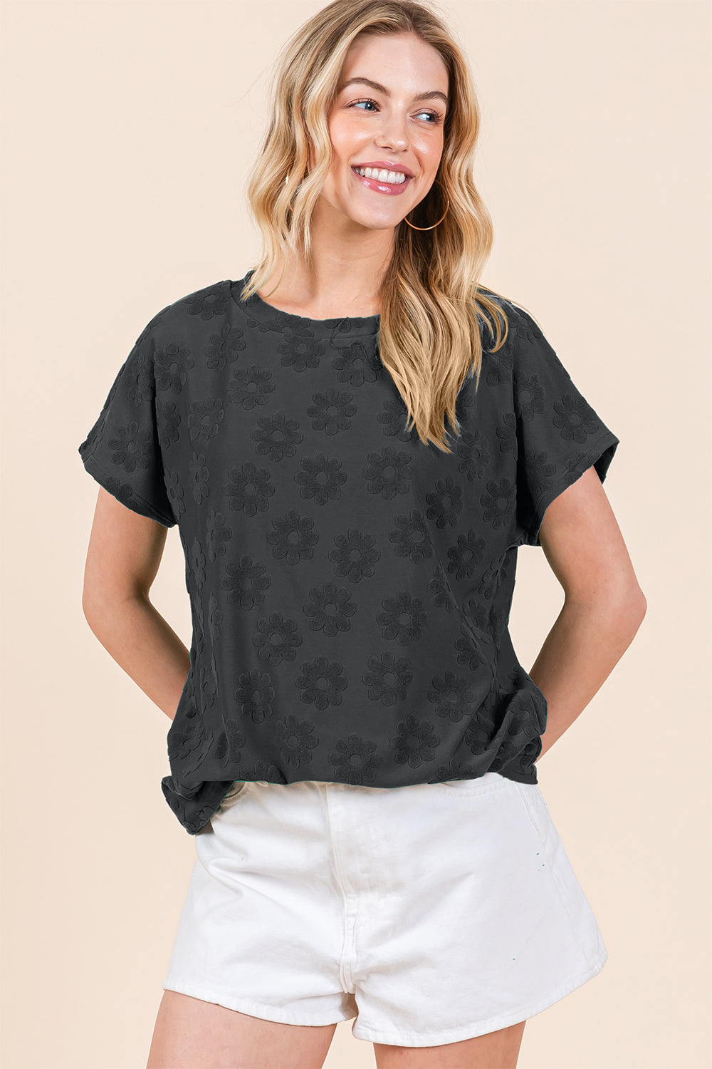 BOMBOM Textured Floral Pattern Short Sleeve T-Shirt T-Shirt Trendsi Black S 