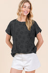 BOMBOM Textured Floral Pattern Short Sleeve T-Shirt T-Shirt Trendsi Black S 