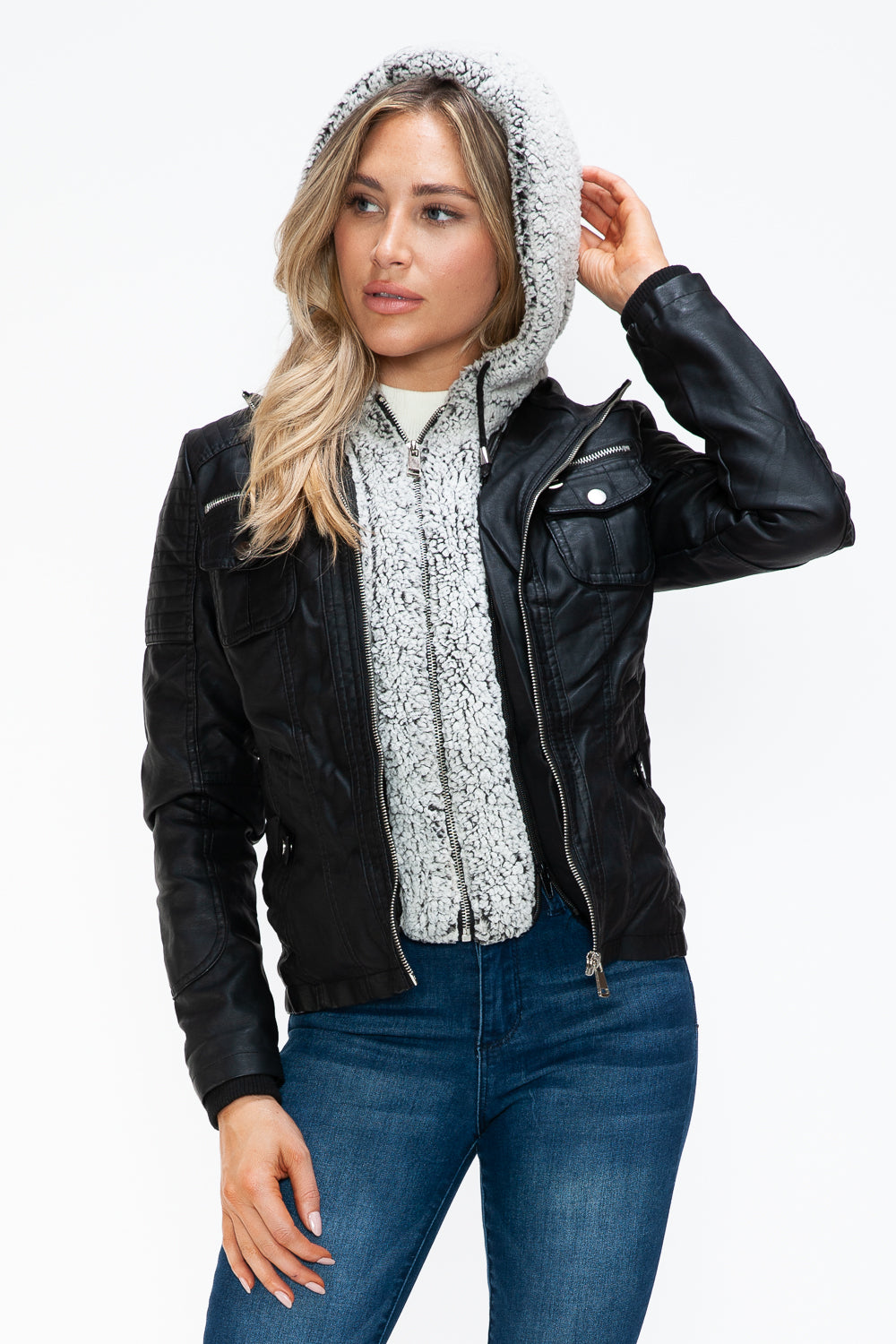 YMI Removable Faux Layered Multi-Pocket Jacket with Fuzzy Hood - NeoKira Unlimited