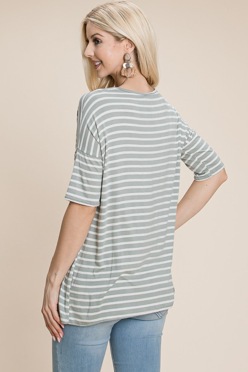 BOMBOM Striped Round Neck T-Shirt T-Shirt Trendsi   