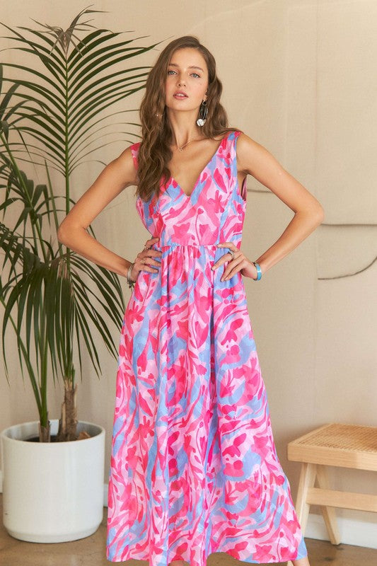 ADORA Abstract Floral V-Neck Maxi Dress - NeoKira Unlimited