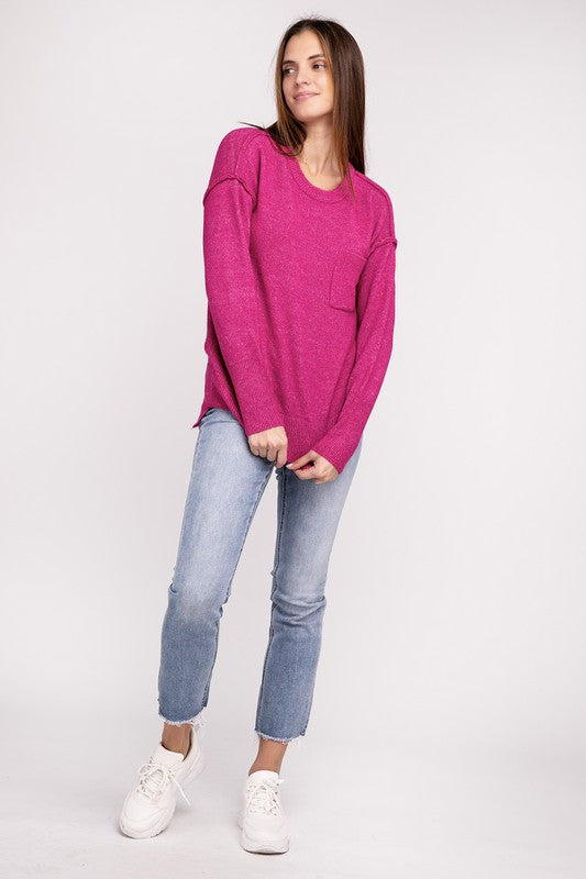 ZENANA Melange Hi-Low Hem Round Neck Sweater - NeoKira Unlimited