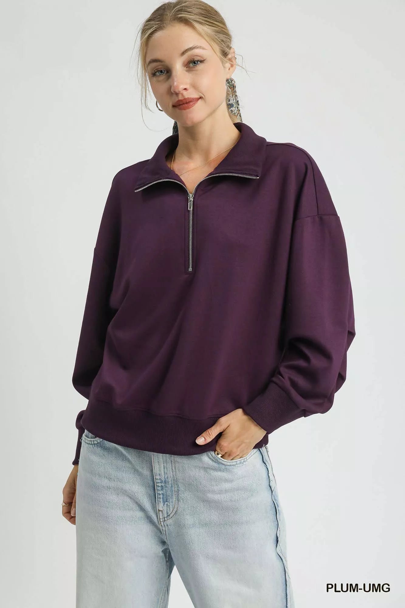 Umgee Casual Half Zip Drop Shoulder Sweatshirt - NeoKira Unlimited