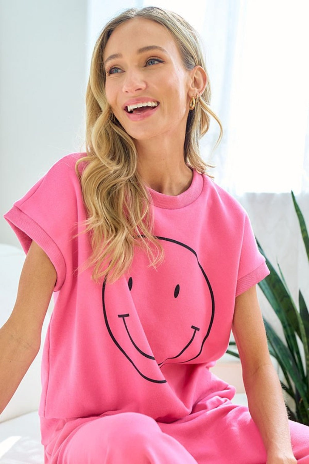 First Love Smile Face Drop Shoulder Brushed Inside T-Shirt T-Shirt Trendsi Pink S 