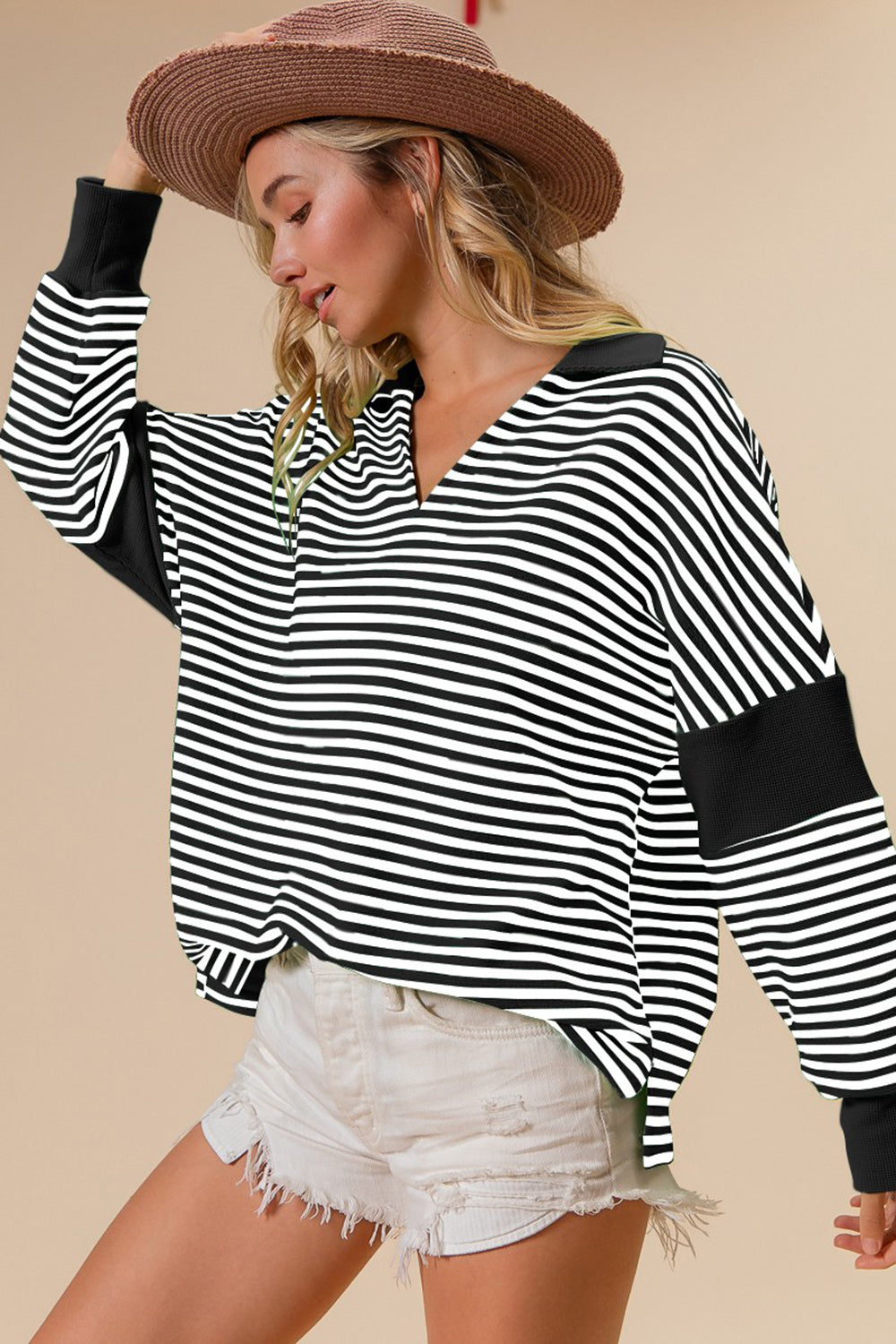 BiBi Striped Contrast Long Sleeve Knit Top Top Trendsi Black S 