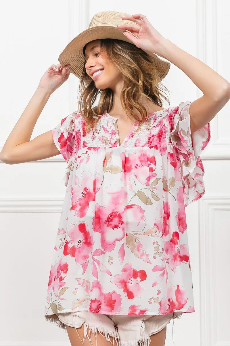 BiBi Floral Print Flutter Sheer Top Lightweight Boho Chic Blouse - NeoKira Unlimited