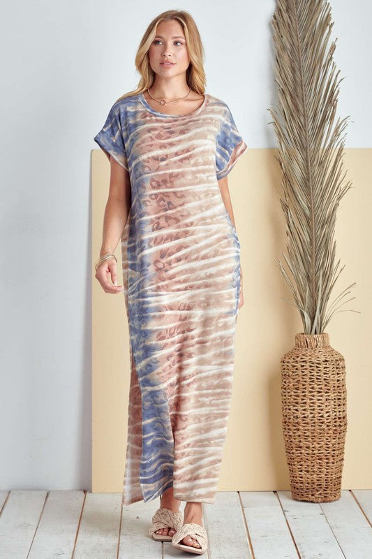 Jade By Jane Animal Print and Tie Dye Short Sleeve Maxi Dress Side Slits - NeoKira Unlimited