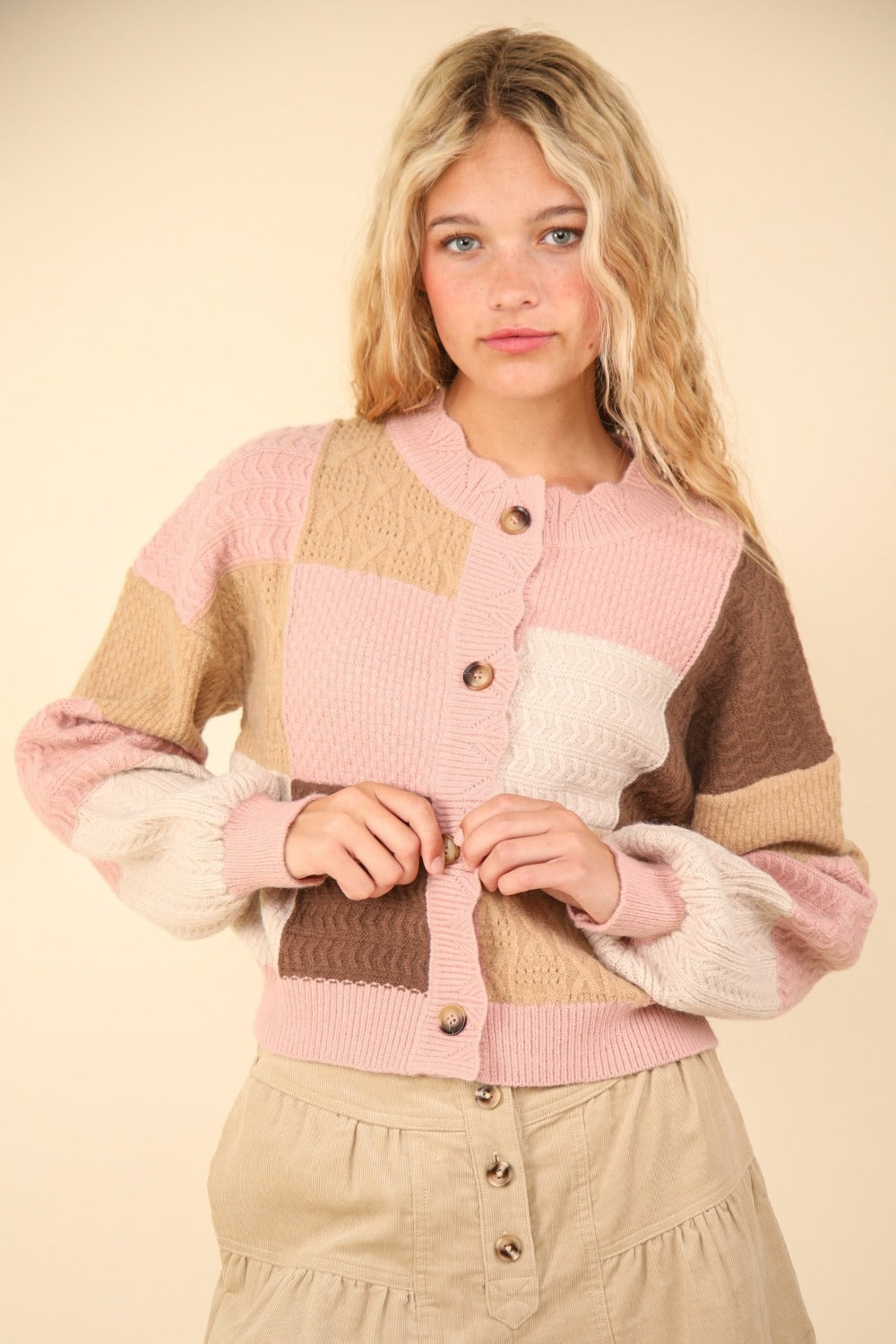 VERY J Color Block Button Down Textured Sweater Cardigan - NeoKira Unlimited