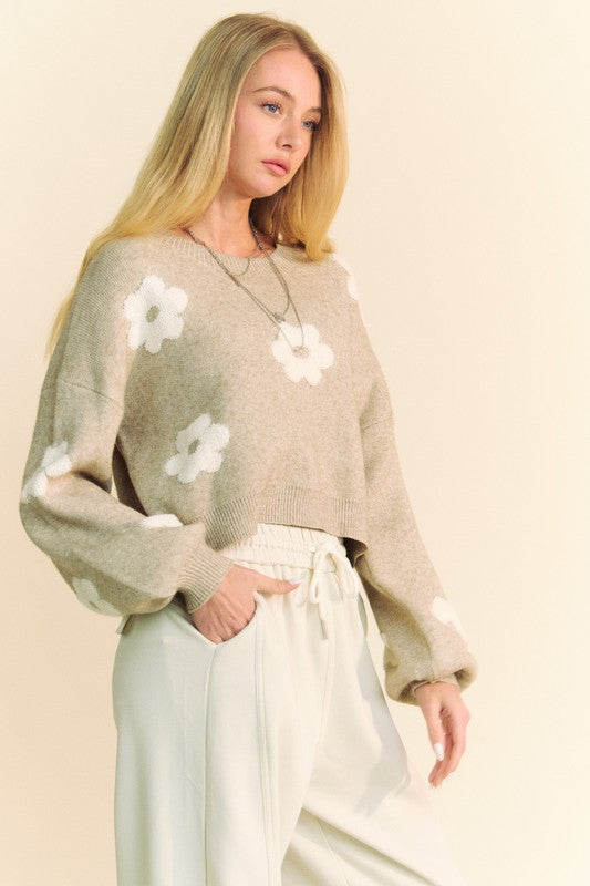 Davi & Dani Floral Drop Shoulder Cropped Sweater - NeoKira Unlimited