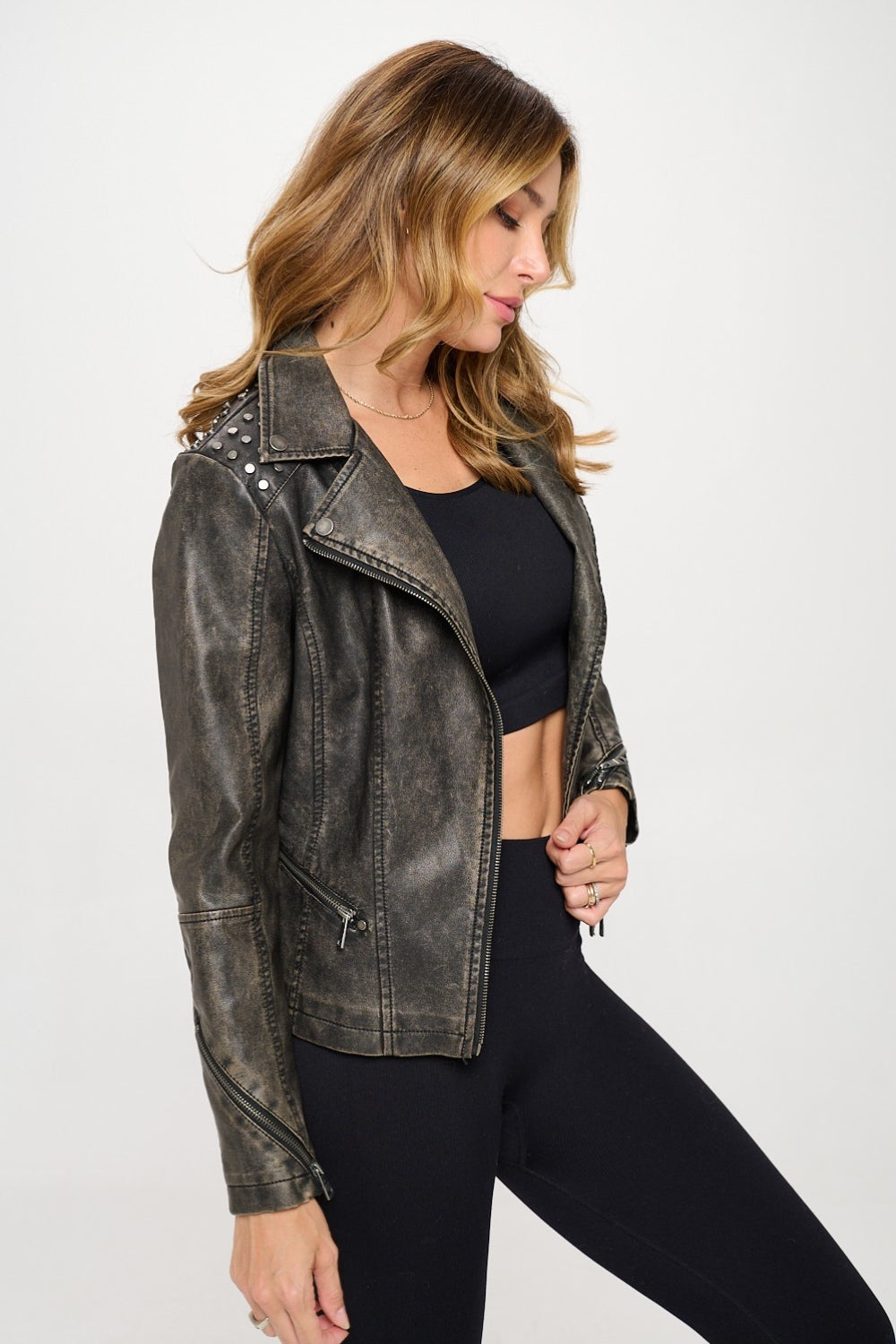 Coalition LA Studded Classic Moto Faux Leather Jacket Jacket Trendsi   