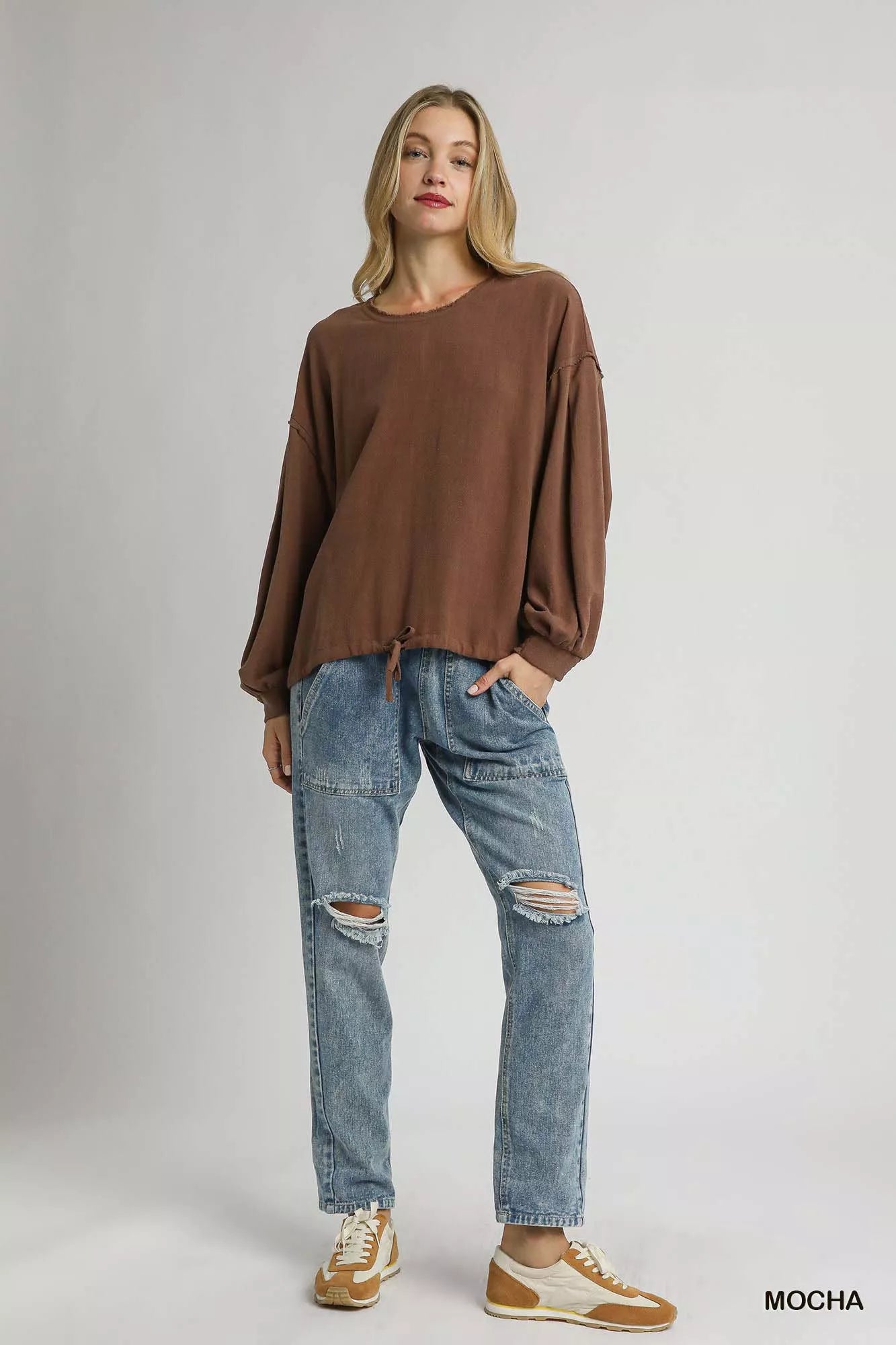 Umgee Natural Minimalist Linen Long Sleeve Top with Drawstring - NeoKira Unlimited