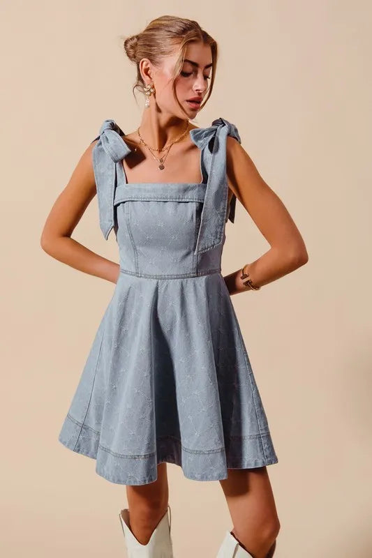 SO ME A Line Fit and Flare Diamond Bow Ribbon Denim Dres - NeoKira Unlimited