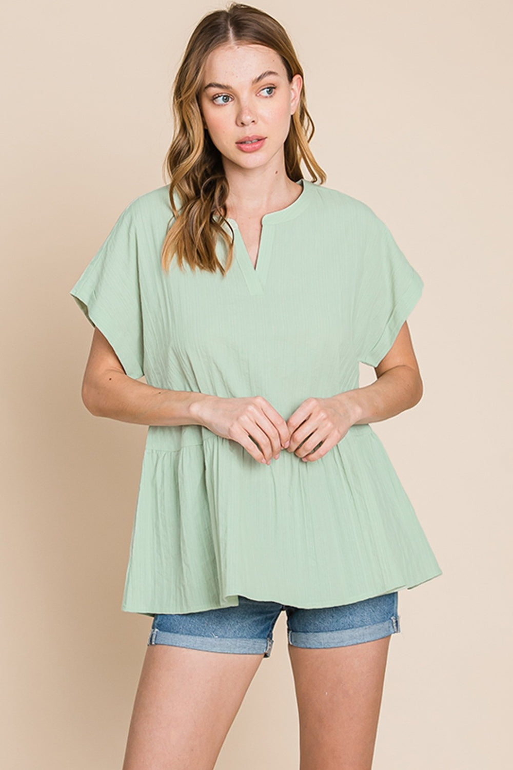 Cotton Bleu by Nu Lab Ruched Notched Short Sleeve Blouse Blouse Trendsi   