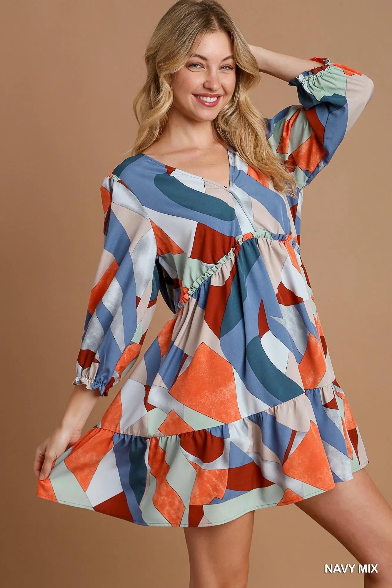 Umgee Abstract Geometric V-Neck Tiered Printed Dress - NeoKira Unlimited