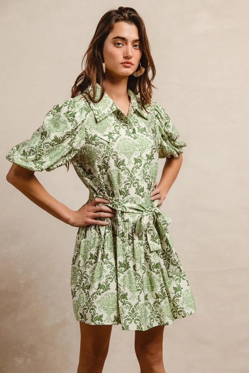 BiBi Tied Floral Short Sleeve Mini Shirt Dress - NeoKira Unlimited