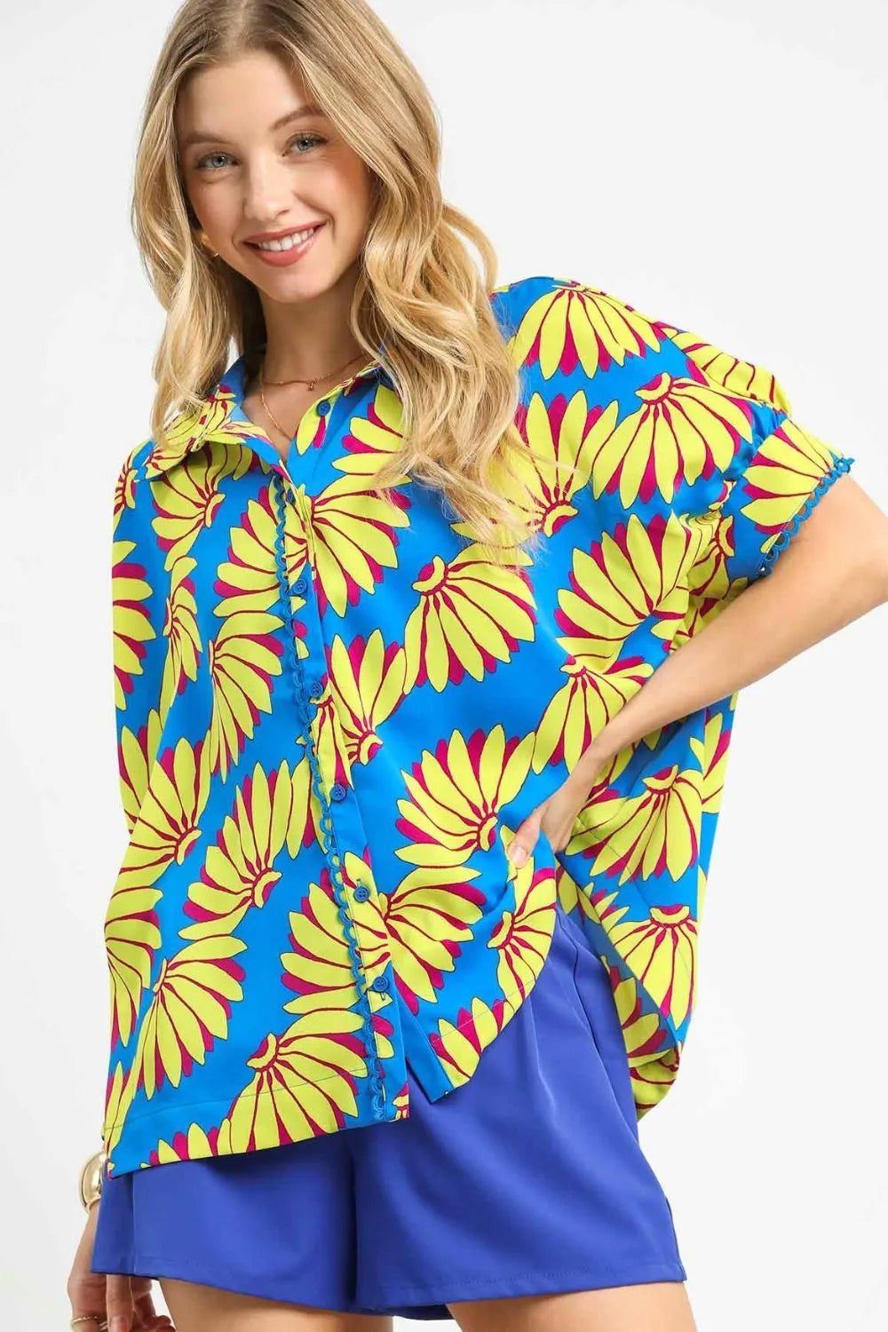 Umgee Relaxed Fit Sunflower Print Button Up Shirt – Bright Bold Breezy - NeoKira Unlimited
