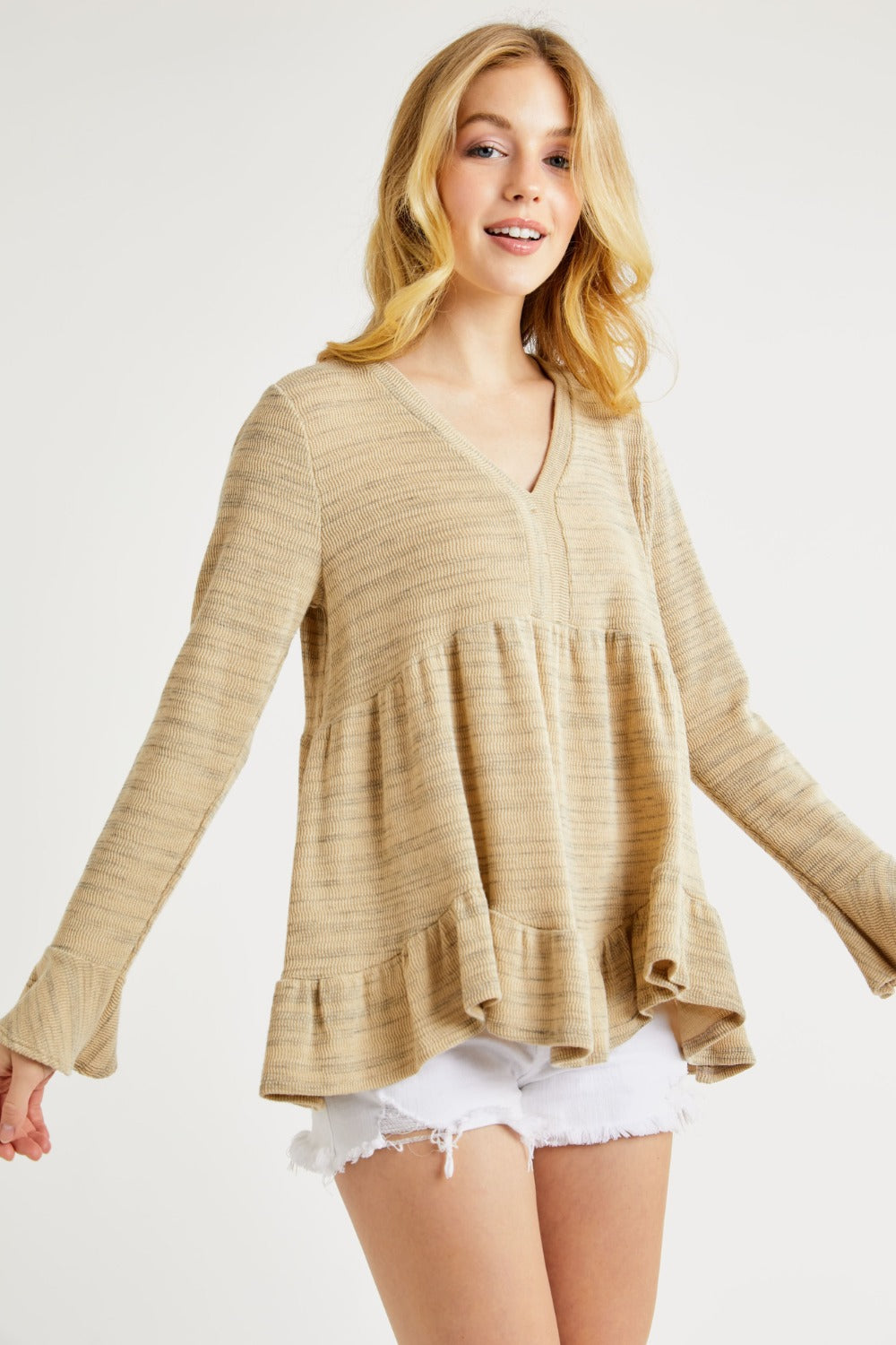 Hailey & Co V-Neck Flounce Sleeve Knit Top - NeoKira Unlimited