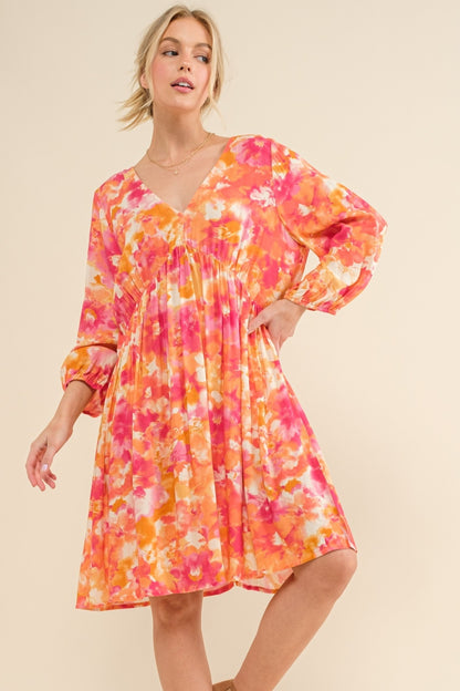 And The Why Full Size Printed Tie Back Long Sleeve Dress - NeoKira Unlimited