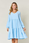 Double Take Full Size V-Neck Balloon Sleeve Tiered Dress Mini Dress Trendsi Light Blue S 