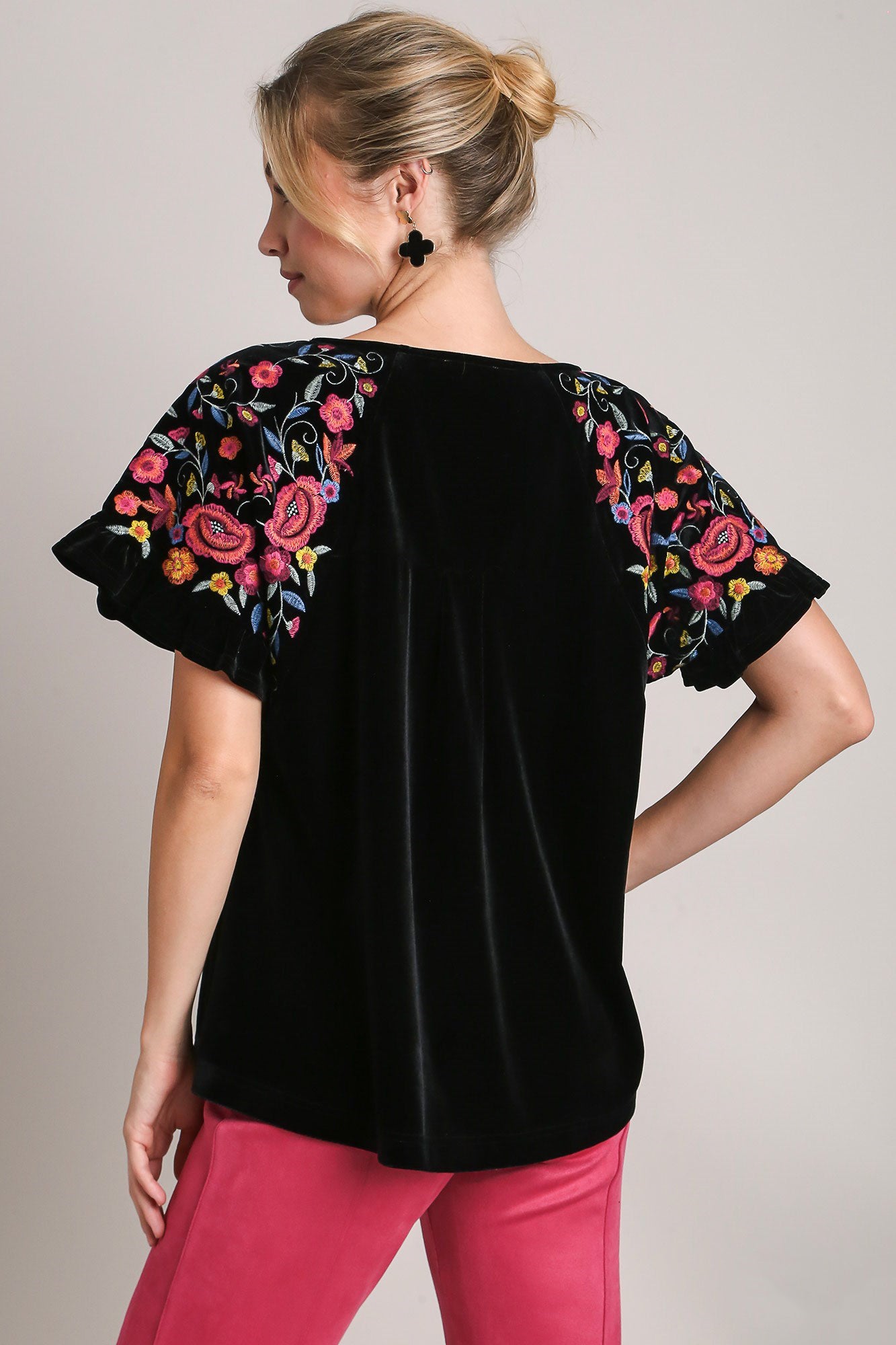 Umgee Full Size Velvet Embroidery Short Sleeve Blouse - NeoKira Unlimited