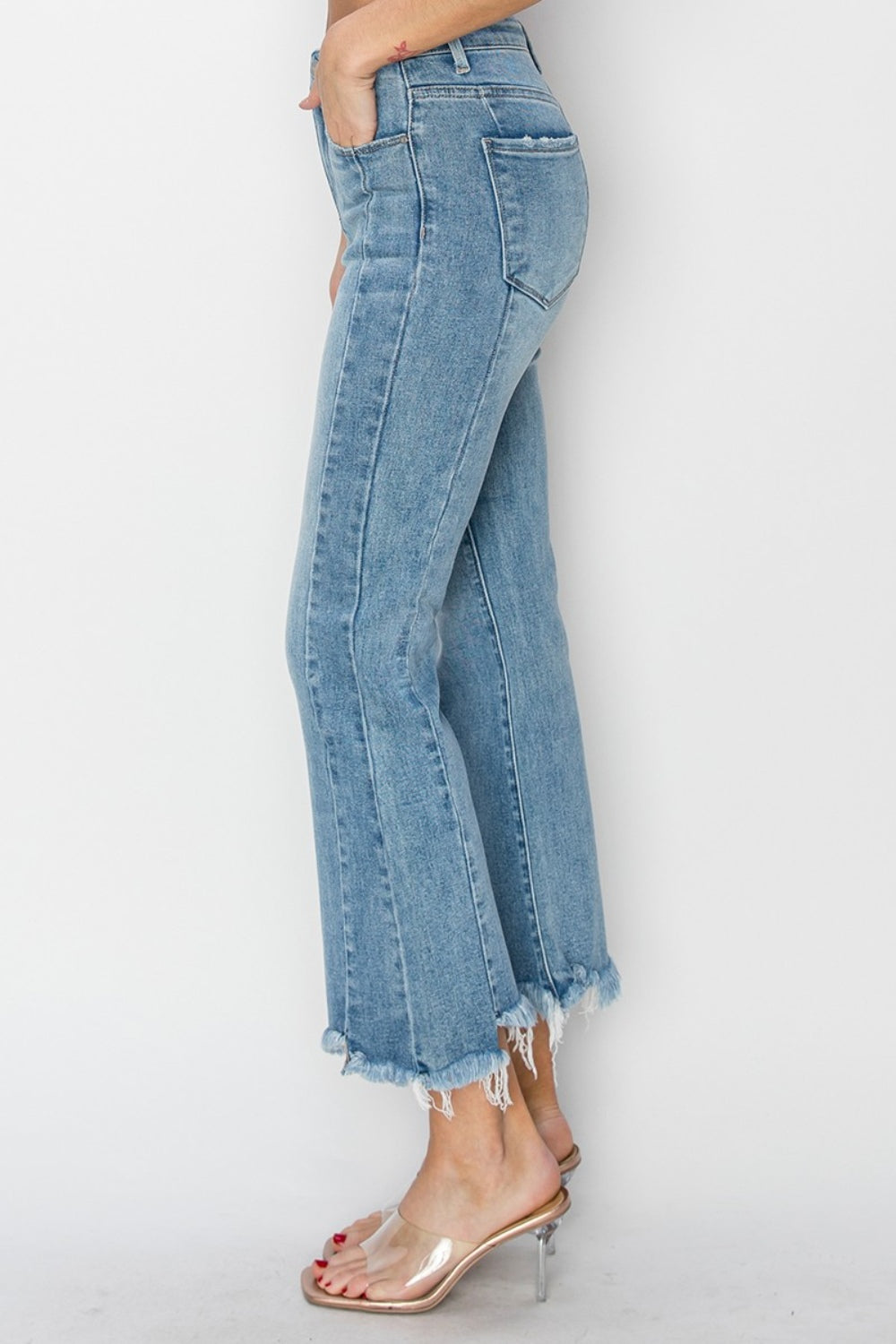 RISEN Full Size High Rise Frayed Hem Flare Jeans Jeans Trendsi   